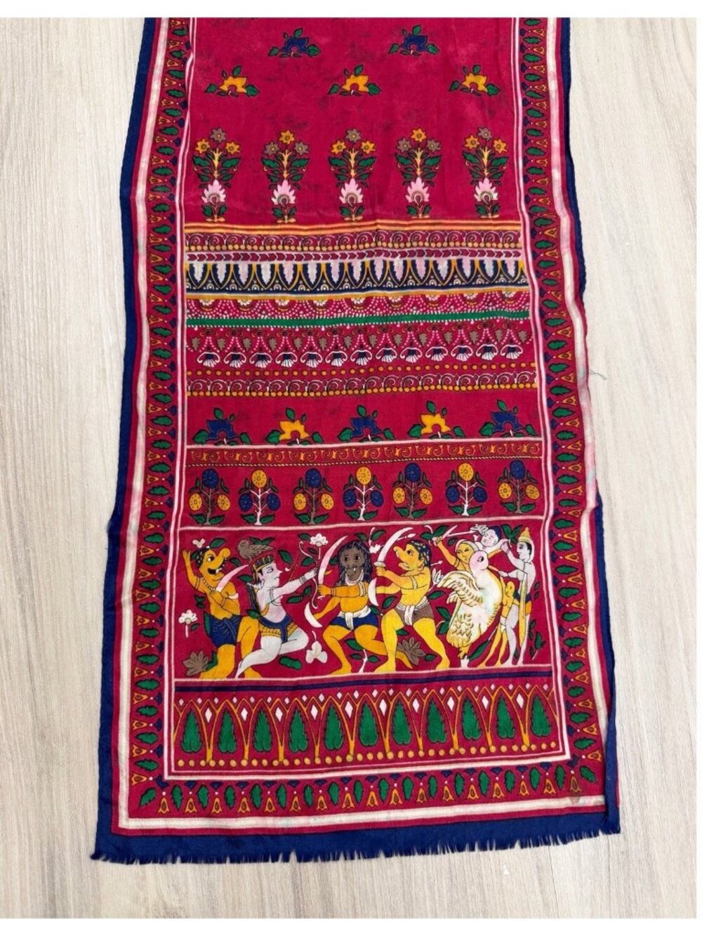 traditional Indian animal figures and colorful floral patterns scarf silk